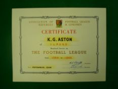 Football League Certificate for Long Service: Presented to Ken Aston reference 13 years’ service