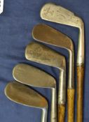 5 x various golfing irons to incl 2x mashie niblicks, mussel back no. 2 iron and 2x mashies – all