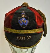 1937-38 College Rugby cap – six panel read dark green velvet cap with gold braid embroidered