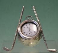 Silver golf ball pocket watch stand supported by two golf clubs c1910 – c/w pocket watch -