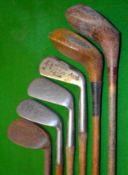 Half set of golf clubs comprising 4 irons and 2 large woods (6) to incl J A Grant no. 3 iron, St