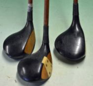 Set of 3 x matching black stained persimmon socket neck woods - including a driver, a brassie and