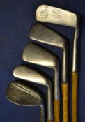 Half set of playable golfing irons to incl mid iron, mashie, curved sole “Pitcher", Maxwell niblick,