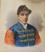 Fred Archer- Fine colour lithograph portrait of Fred Archer wearing The Royal Silks c/w facsimile
