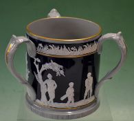 Fine Copeland Late Spode large golfing blue and white ceramic tyg c1900 – decorated with golfers