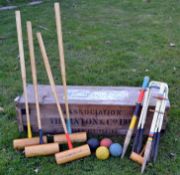 Croquet – early boxed set to incl 4 mallets and balls, 6 white/coloured metal hoops (one broken), 2x