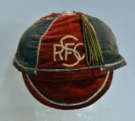 SRFC (New Zealand) Rugby cap – six panel, red and grey velvet cap with silver braid trim fitted with