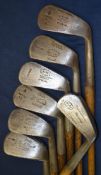 7 x mashies and niblick golfing irons – makers incl; D Anderson St Andrews, Gibson Kinghorn, Winton,