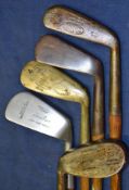5 x assorted golfing irons to incl Nicoll Leven “Clinker" no. 4 iron, jigger, Anderson mashie, and