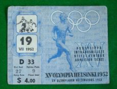 1952 Olympic Games Football Ticket – played on 19th July between the hosts Finland (3) v Austria (4)