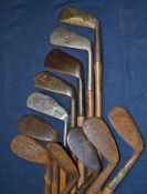 11 x various golfing irons to incl 8x mashie/niblicks - 10 with grips - need a good clean