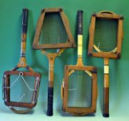 4 x 1930s Laminated wooden tennis rackets all with racket presses – including a Dunlop production