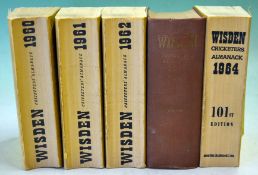 1960-1964 Wisden Cricketers’ Almanacks – 4 x soft backs and a 1963 HB with original cover, slight