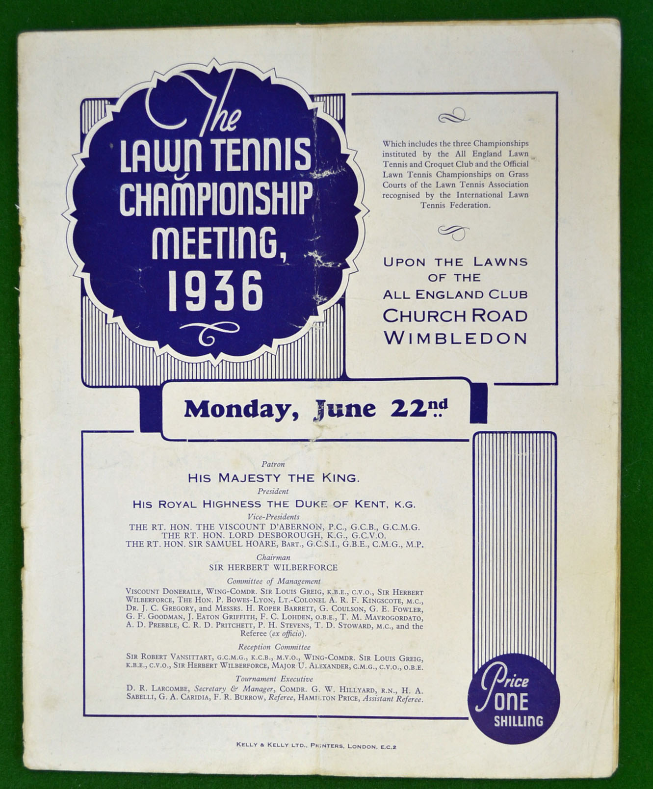 1936 Wimbledon Lawn Tennis Championship programme - for day one to incl Fred Perry v Stratford –