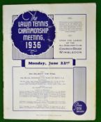 1936 Wimbledon Lawn Tennis Championship programme - for day one to incl Fred Perry v Stratford –