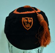 Fine Black Rugby/Football velvet cap with silk red circle on top – c/w crest comprising 3x birds,