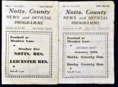 1940s War Time Notts. County Football Programmes: Notts. County v Barnsley 7th October 1944 & v