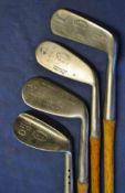 Half set of 4 irons to incl mid iron, Genii Mashie Niblick, Maxwell Niblick and goose neck putter by