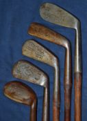 5 x assorted golfing irons to incl Spalding no. 2 iron, J H Taylor Autograph mid iron, shallow