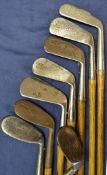 8 x assorted golfing irons to incl Jas McDowell jigger, Spalding Hammer brand mid iron, J h Taylor