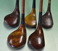 5 x Socket neck woods - to include dark brown stained driver stamped Geo’ Duncan driver, another