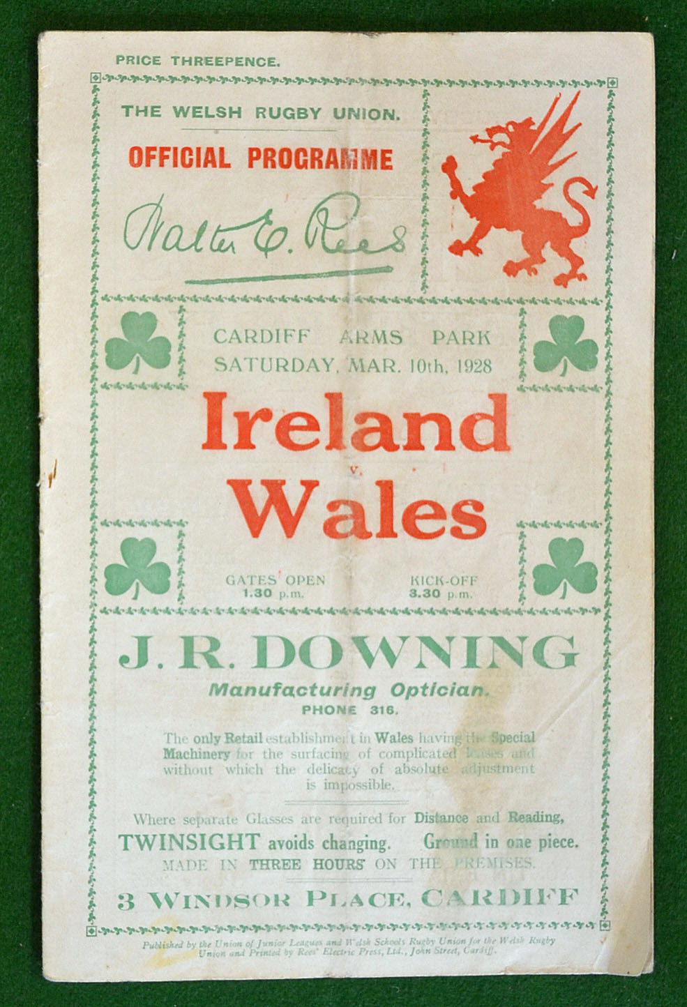 1928 Wales v Ireland rugby programme – played on 10th March at Cardiff Arms Park, - usual pocket