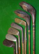 Half set of golf clubs comprising 2 woods, 4 irons, and Alex Patrick Leven goose neck brass blade