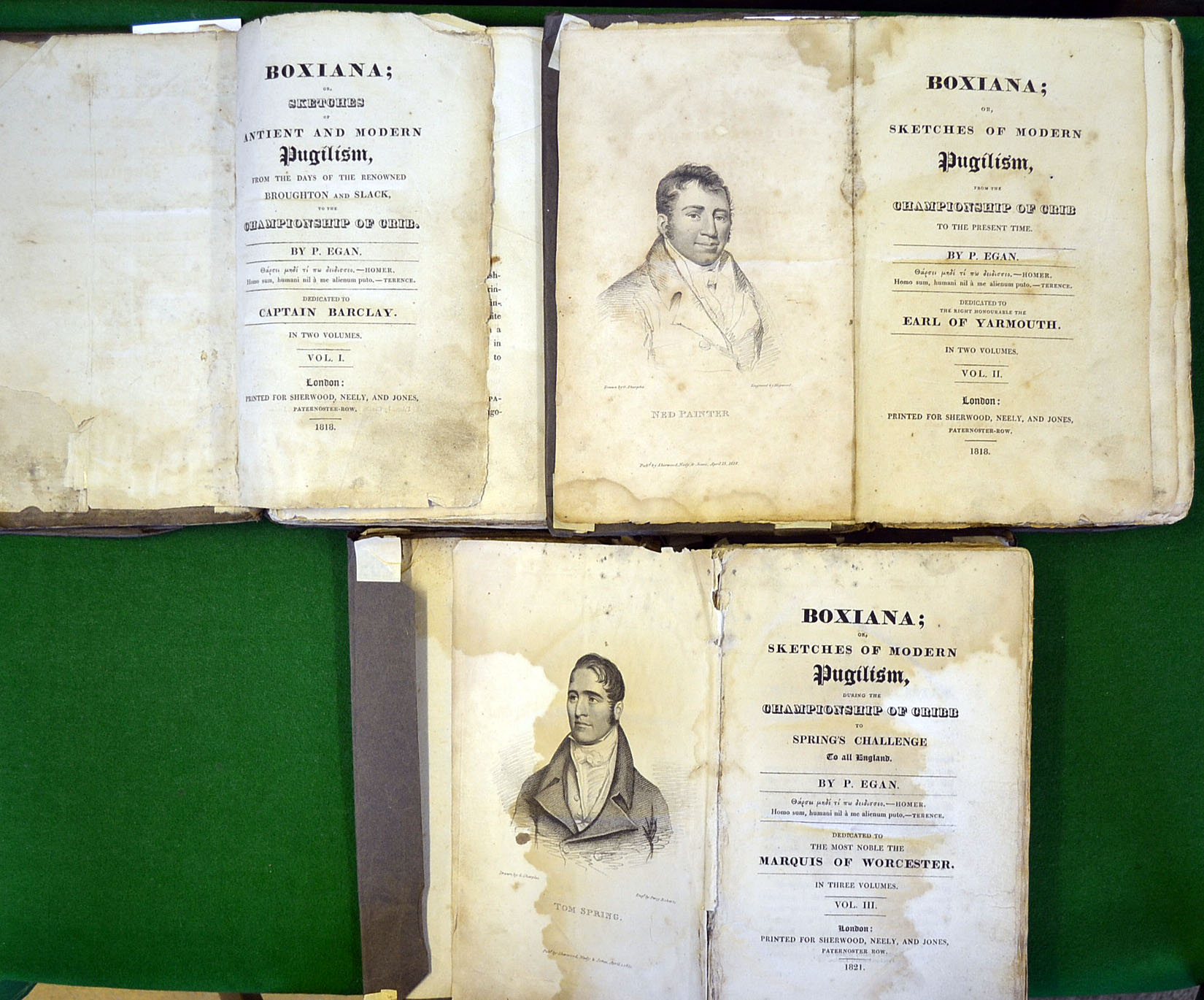 3 x Very interesting 1818-1821 Boxiana; or Sketches of Ancient and Modern Pugilism books – by P Egan