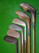 Half set of golf clubs comprising 4 irons and 2 large woods (6) – 2x striped topped woods Hendry &