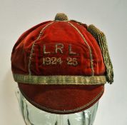 1924/25 L. R. L. rugby cap – six panel red velvet cap with embroidered letters and date to the