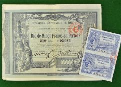 1900 Official Olympic Games/Paris Exposition tickets and Stock certificate - comprising 2x tickets