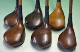 6 x Various good socket neck woods all in dark stained persimmon – including a driver stamped T