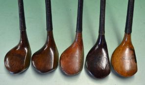 5 x Various scare neck woods – to include A Patrick driver with leather face insert, a Dixon brassie
