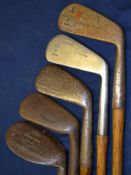5 x various golf irons to incl 2 long irons, 2x mashies and a niblick – all with various grips