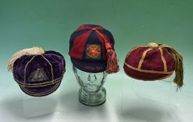3x various early football caps – to incl velvet cap with an Isle of Man embroidered crest with a