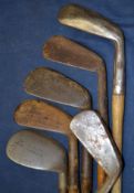 6 x various mashie and m/niblicks golfing irons – makers incl Spalding, Maxwell, Dewar Troon, D