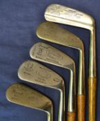 Fine set of 5 x Willie Page matching golfing clubs - to incl no. 2, 3, 2x mashies and straight