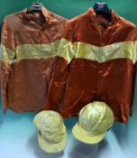 2 x matching horse racing silks and caps – both gold with a yellow body strip – one faded together