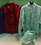 2 x Horse racing silks – to incl dark burgundy with dark blue sleeves and a light green with pale