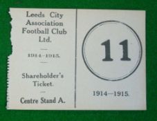 1914/15 Leeds City Association Football Club Ticket: Paper ticket for Centre Stand A marked
