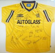 1998 Signed Chelsea Yellow Away Football Shirt: signed by 23 players to include Zola, Vialli and