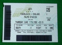 1992 Euro Football Ticket England v Denmark: Although the Ticket has Yugoslavia v England on the