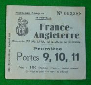 1949 France v England Football Ticket: Played at Stade de Colombes 22nd May 1949 good clean example