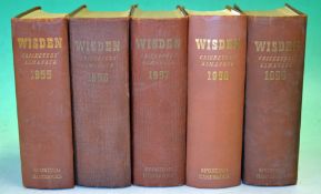 1955-1959 Wisden Cricketers’ Almanacks – all in original hard backs, some with slight creasing to