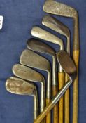 8 x various golfing irons to incl Spalding diamond back cleek, Simpson jigger, J.H Taylor mashie