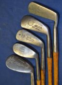 Set of 5 playable irons to incl no. 4 iron. Mid iron, mashie niblick, Spalding niblick maker incl