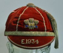 1934 Wales v England Schoolboy International rugby cap – red velvet rugby cap with gold and silver