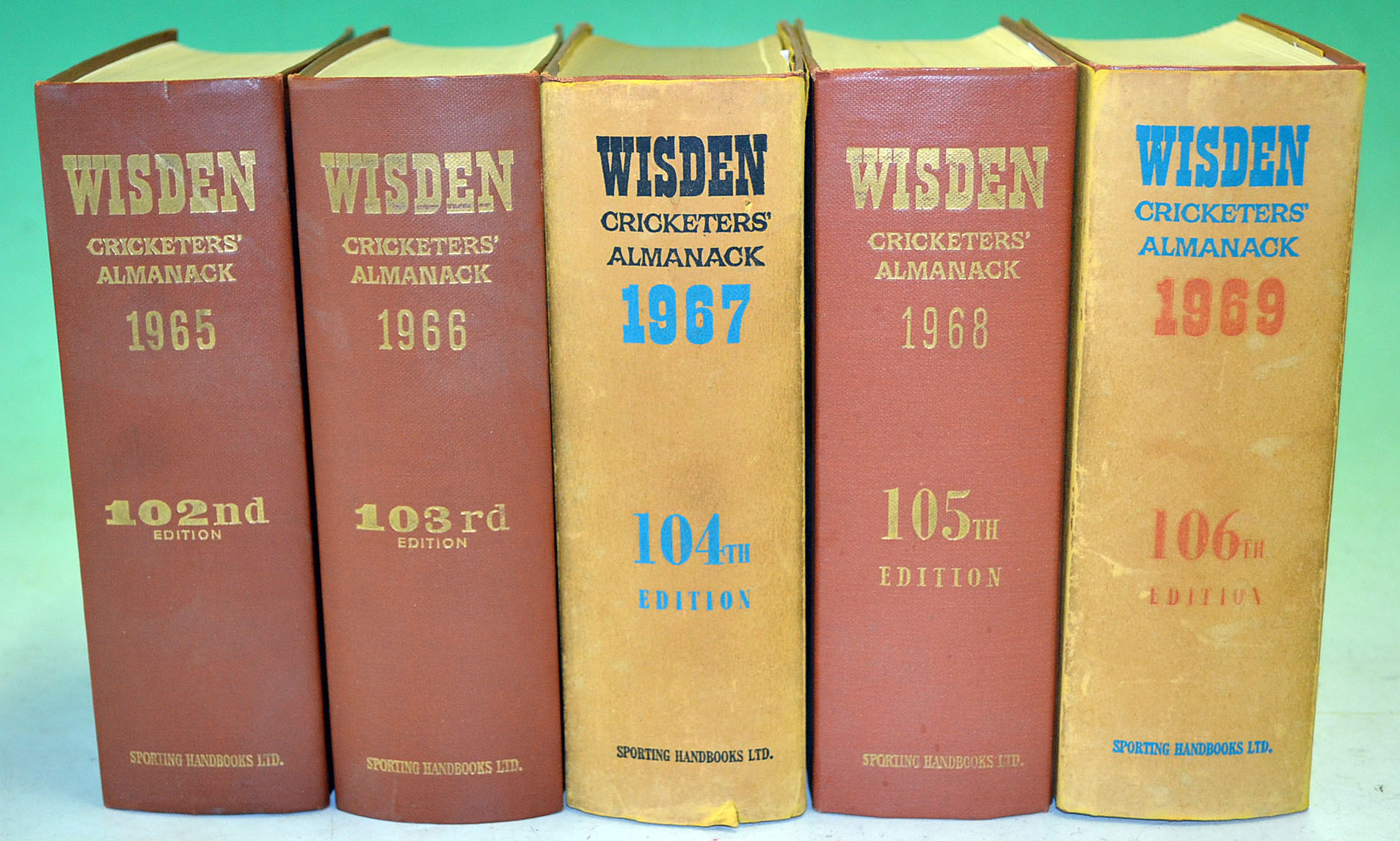 1965-1969 Wisden Cricketers’ Almanacks – all with original HB covers and 2 x dust covers, all