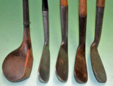 Harry Vardon late scare neck driver with shaft stamp together 3x irons incl Gibson mashie and Forgan