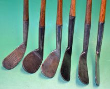 5 x early smf irons to incl 2x lofting irons, Condie rut niblick stamped Moore Bros Durban, early